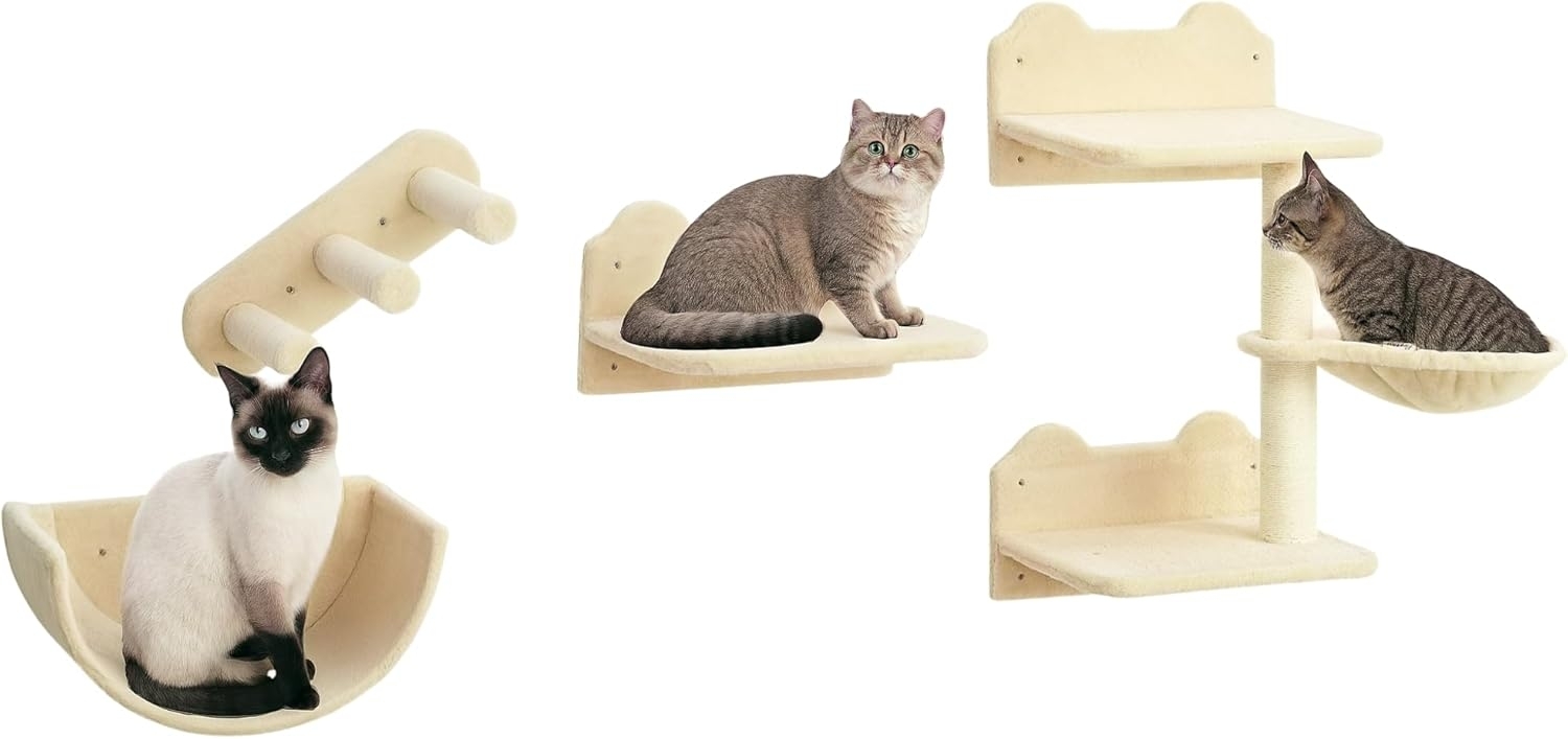 PawHut Katzen-Kletterwand 4 tlg. mit Kaztentreppe, Hängematte, Sprungplatt, Wandkratzbaum, für Katzen bis 5 kg, Polyester, beige Bild 1