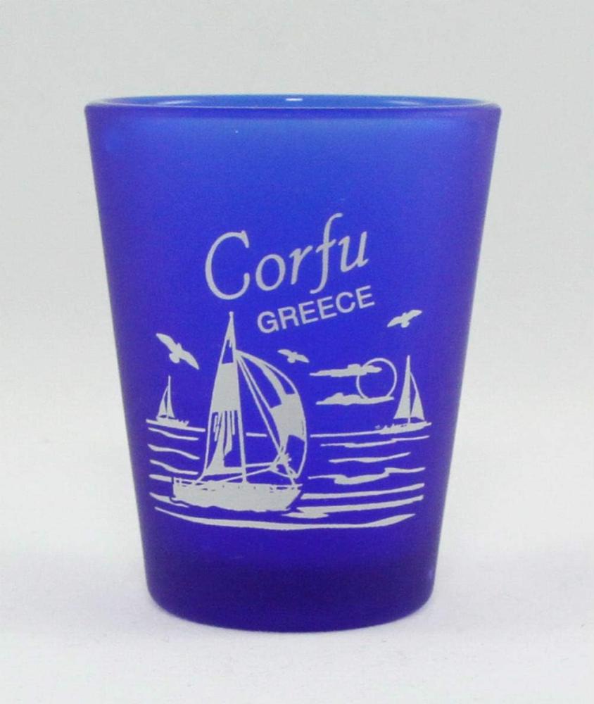 Corfu Griechenland Schnapsglas, Milchglas, Kobaltblau Bild 1