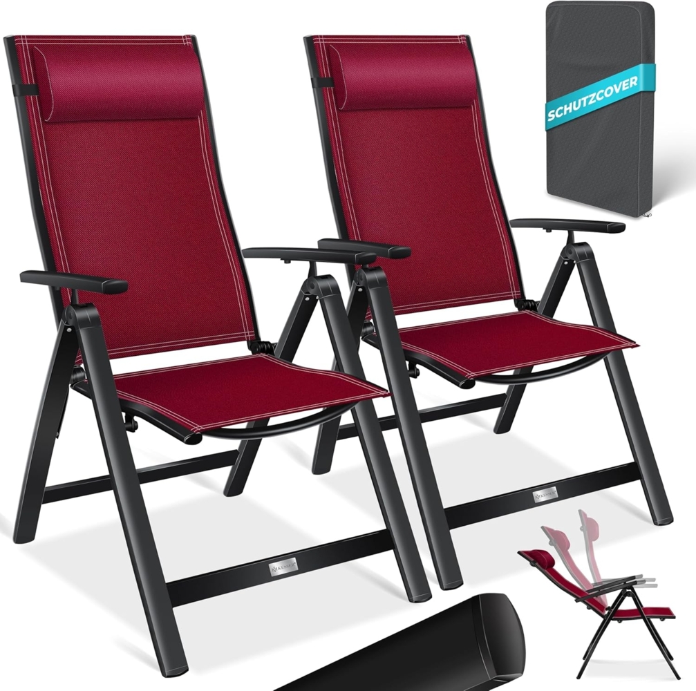 KESSER® Gartenstuhl Hochlehner mit Armlehnen | Aluminium Klappstuhl inkl. Kopfkissen Campingstuhl 7-Fach Verstellbar Rückenlehne | Atmungsaktiv & Wetterfest | Klappbar & Anti-Rutsch 2 Stück, Bordeaux Rot Bild 1