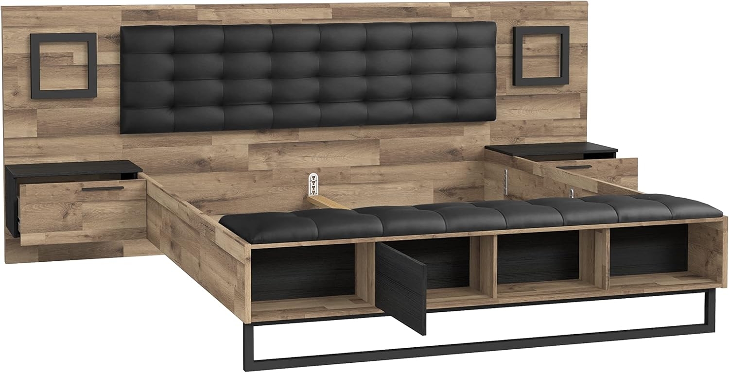 FORTE JAKOBINA Bett mit Nachtkommoden und 2 Schubladen und 1 Tür, Liegefläche 180x200 cm, Holzwerkstoff, Planked Eiche / Schwarzeiche, 296.8 x 119.7 x 234.5 cm Bild 1