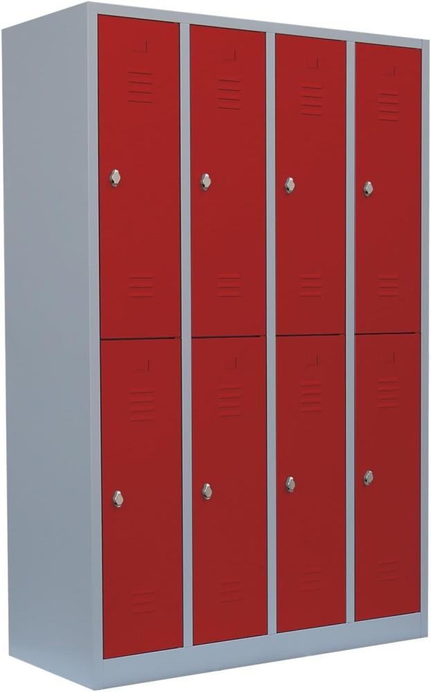 Steelboxx Spind Schrank Schließfachschrank 8 Fächer-Spint Fächerschrank Umkleideschrank 520244 Grau/Rot 180 x 117 x 50 cm Metallspind Personalspind Schulspind Sportschrank Bild 1