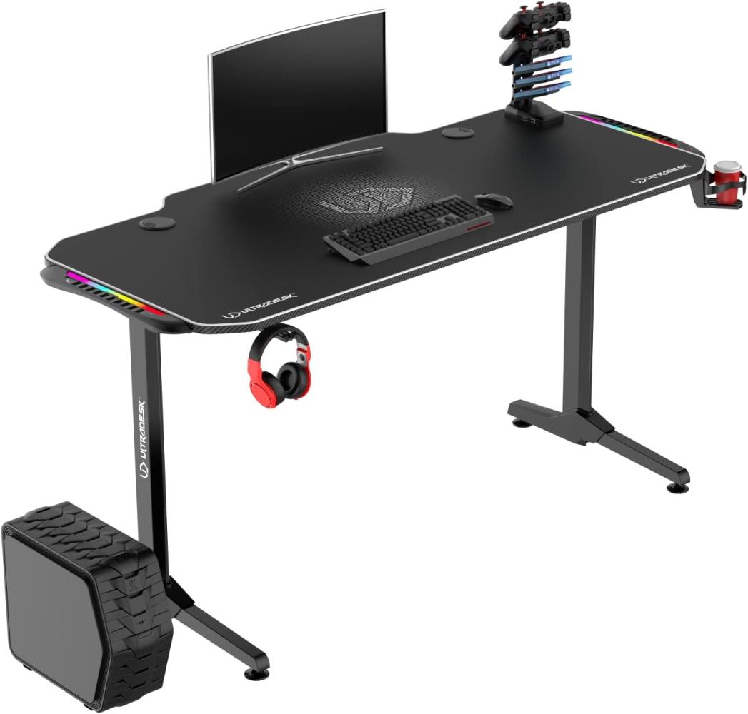 ULTRADESK Frag RGB LED | Gaming-Schreibtisch mit großer Arbeitsfläche & XXL-Pad, 2 Kabeldurchlässe | Gut für Home Office, Fach für Steckdosenleisten | Stahlrahmen, Weißes Pad, 140x66 cm Bild 1