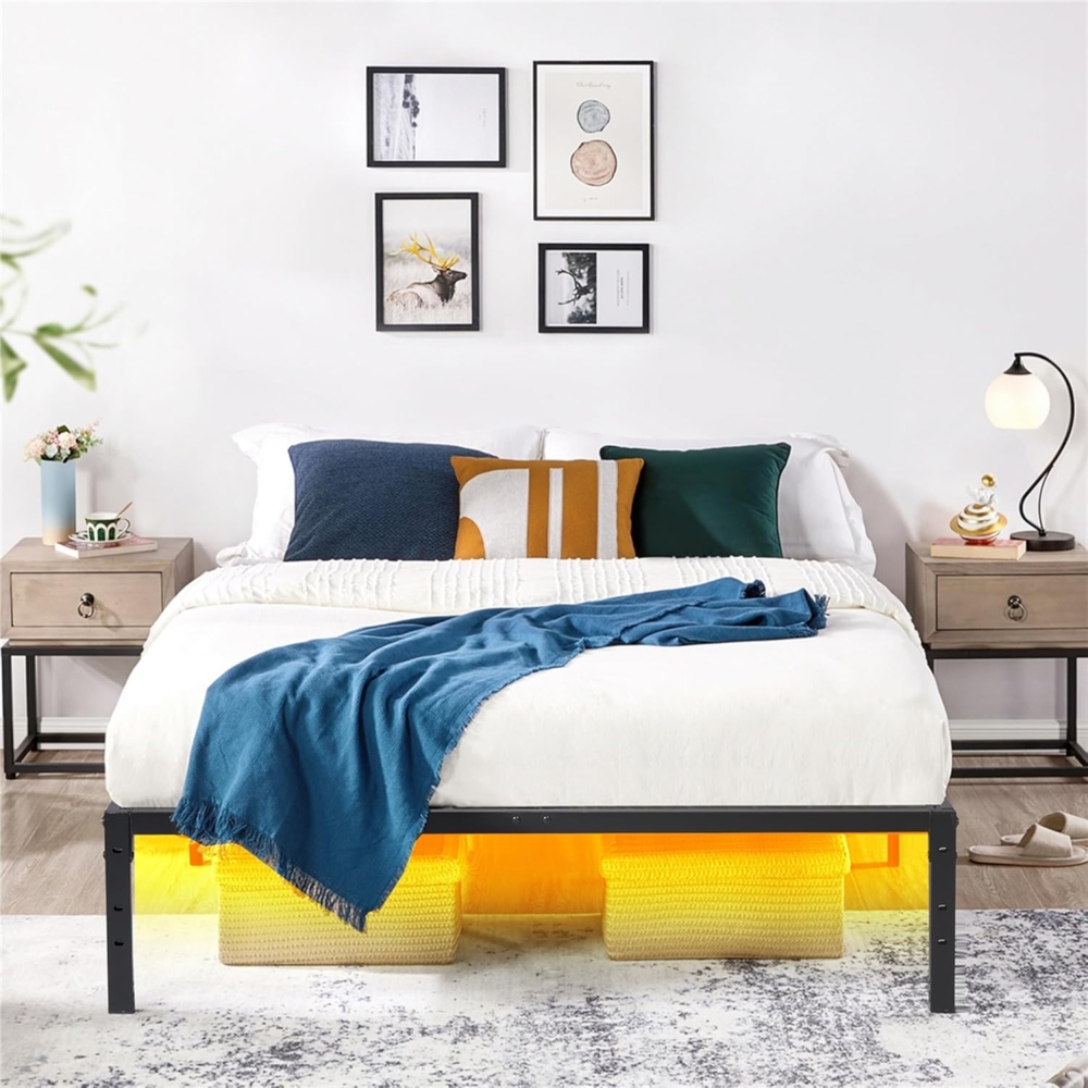 FurnitureR Bettrahmen 140x194 cm Metall Bettrahmen mit LED-Licht, Modernes Jugendbett mit Lattenrost, Doppelbett, Einzelbett, Schwarz, 36CM H, Kein Kopfboot Bild 1
