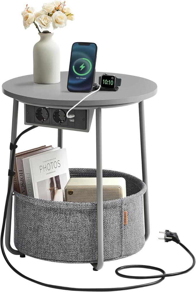 Vasagle Beistelltisch rund mit Ladestation, kleiner Tisch mit Steckdose, Couchtisch, USB-Anschlüsse, Stoffkorb, Wohnzimmer Schlafzimmer, Nachttisch modern, Taubengrau-Schiefergrau, 45 x 50 cm Bild 1