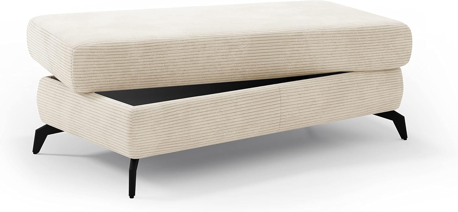 CAVADORE Stauraum-Hocker Bounce / Polsterhocker mit Staufach, Cord-Bezug und Metallfüßen in Mattschwarz / 121 x 45 x 67 / Breitcord, Creme/Beige Bild 1