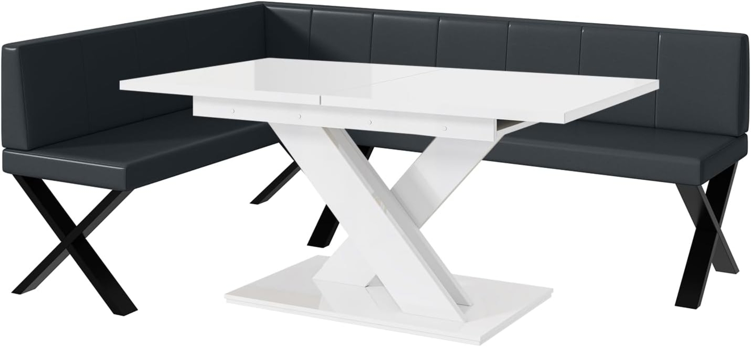 MEBLINI Eckbank für Esszimmer mit ausziehbarem Tisch - Küchenbank - Essecke - Sitzecke Küche - PETER - X-Beine 142x196x87cm Links - Dunkelgrau Kunstleder/B Weiß Hochgl. Bild 1