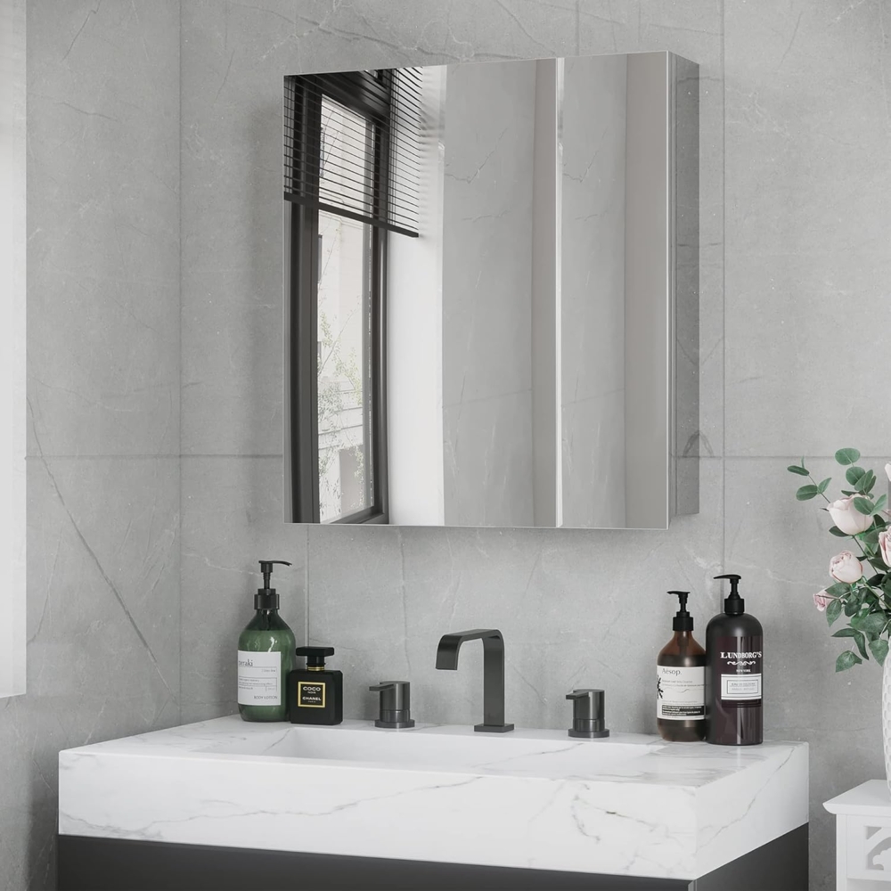 Kleankin Spiegelschrank Badspiegelschrank mit 3 Innenböden Doppeltür (Wandschrank für Badezimmer, 1-St, Hängeschrank) Edelstahl, Silber, 54 x 13 x 60 cm Bild 1
