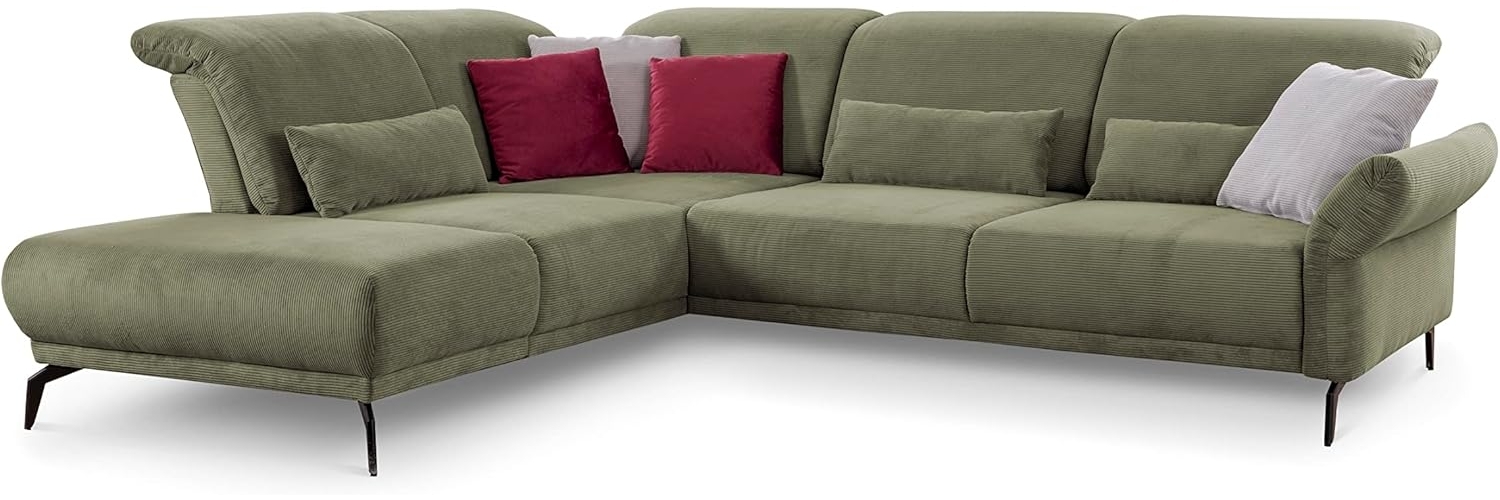 CAVADORE Ecksofa Cooper / Luftige Eckcouch mit Ottomane links, Armteilverstellung, Kopfteilverstellung und Sitztiefenverstellung / 294 x 88 x 242 / Cord, Grün Bild 1