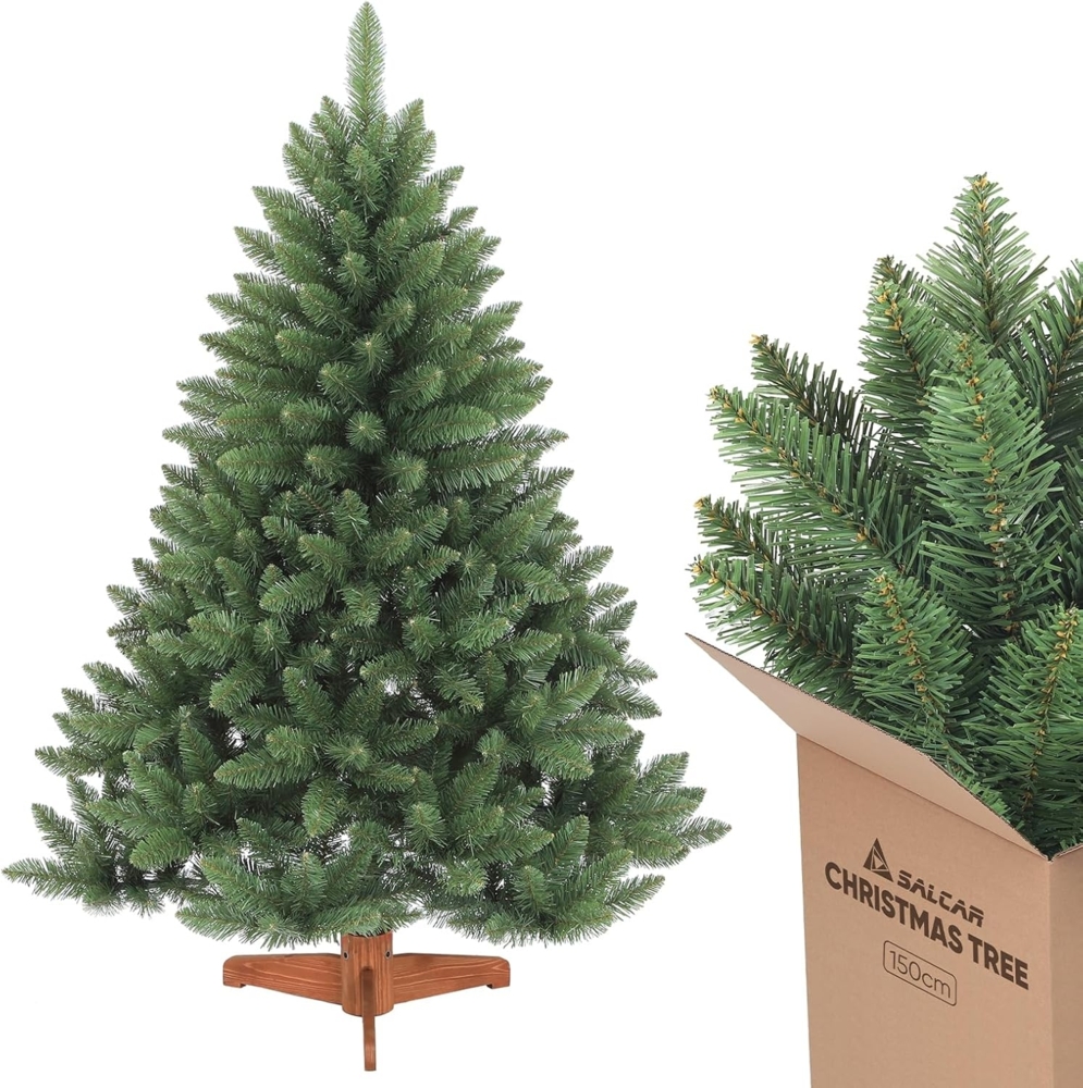 SALCAR Künstlicher Weihnachtsbaum 150 cm inkl. Holzständer, Grüner Tannenbaum für Weihnachten, 1,5 m Nordmanntanne Christbaum Bild 1