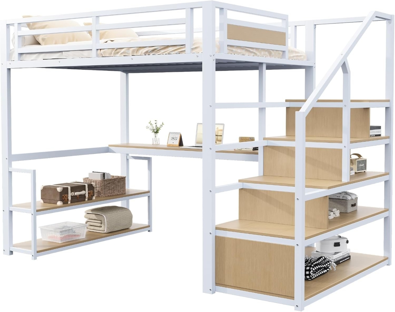 Odikalo Hochbett Jugendbett Aufbewahrungsleiter Regalen Tisch Metallplanken 140*200cm Bild 1