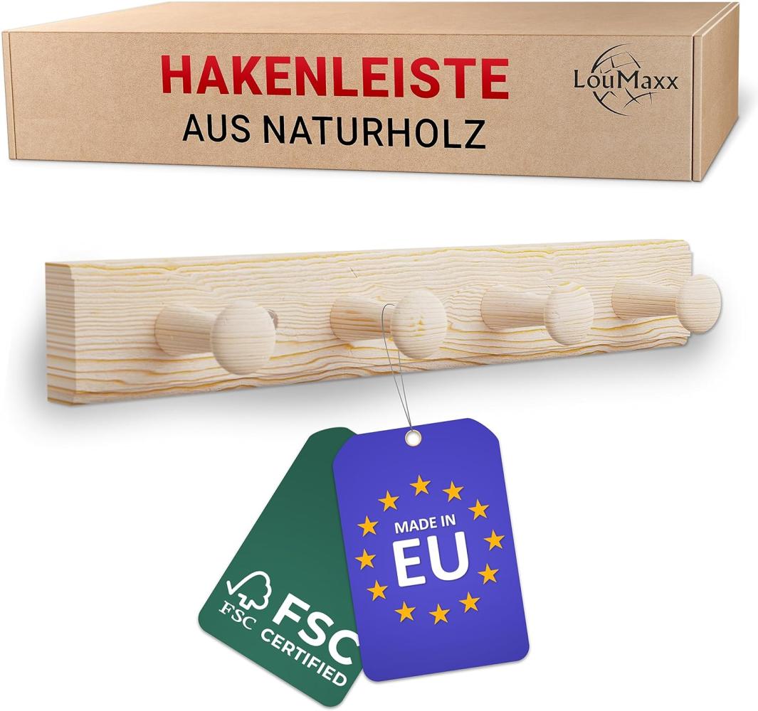 LouMaxx Hakenleiste Holz aus Kiefer mit 4 Holzhaken – Wandgarderobe Holz - Garderobe Kinder - Garderobe Holz - Kleiderhaken Holz zur Wandbefestigung aus Nicht behandeltem Kiefernholz Bild 1