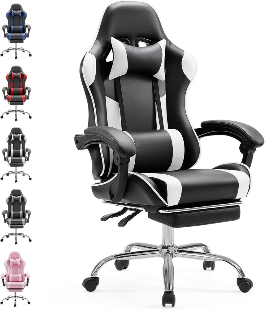 Sweetcrispy Gaming Stuhl,Ergonomischer Bürostuhl mit Fußstütze,Gamer PC Stühle mit Kopfstütze Lendenkissen,90-150° einstellbar Gaming Chair,Leder Drehbar Schreibtischstuhl Computerstuhl,Weiß Bild 1