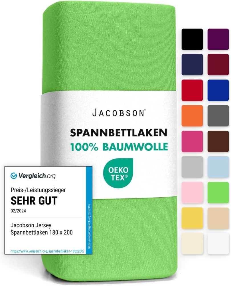 Jacobson Jersey Spannbettlaken Spannbetttuch Baumwolle Bettlaken (90x200-100x200 cm, Apfelgrün) Bild 1