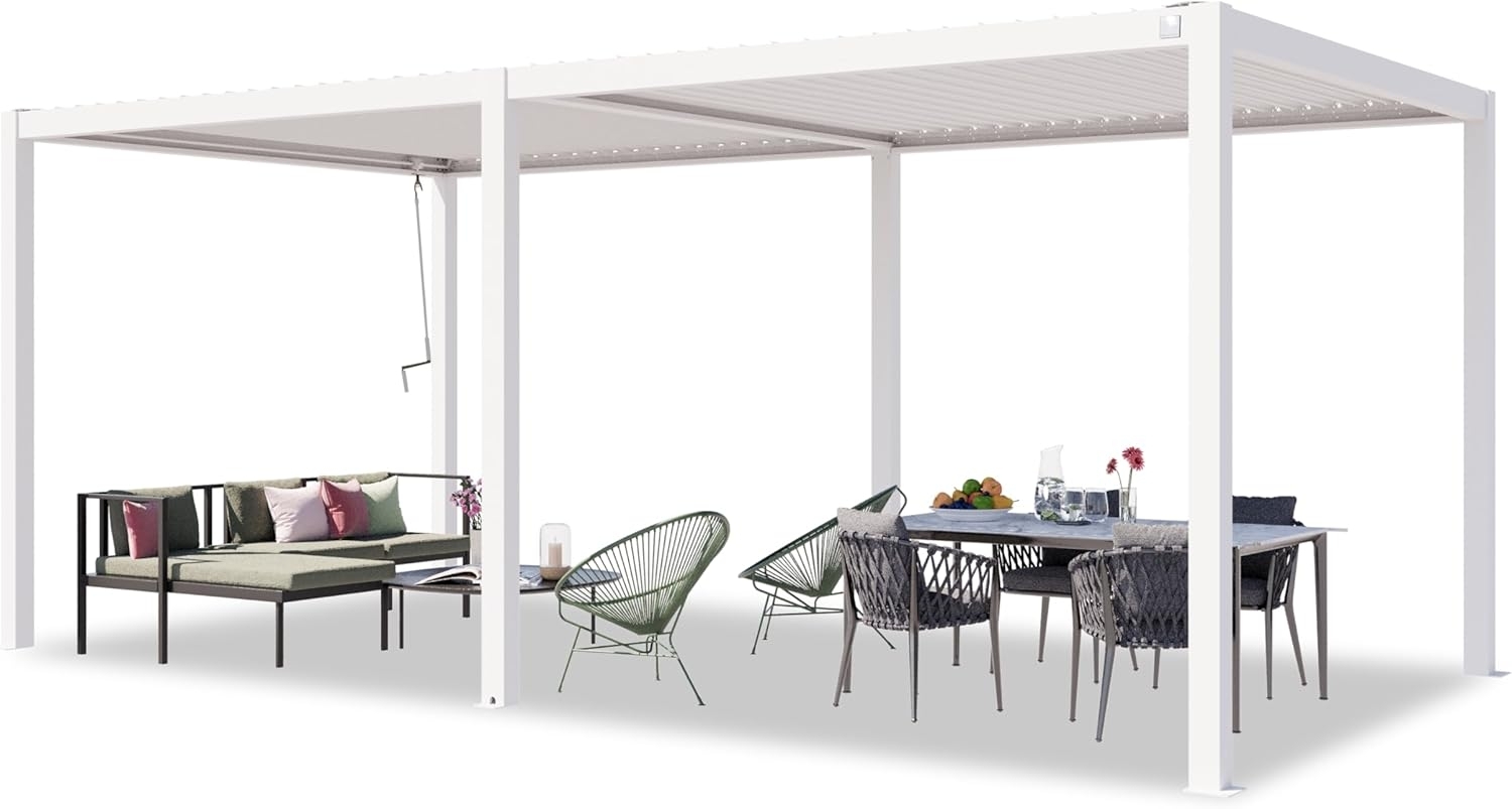 PRIMEYARD Pergola 3x6 m Aluminium-Pfosten mit Lamellendach aus Stahl weiße Terrassenüberdachung Bild 1