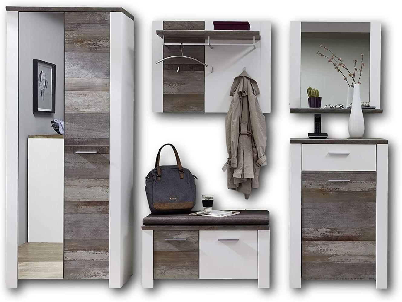 Garderobe Set MATEO1 5-tlg Schrank Paneel Spiegel Kommode Bank weiß Driftwood Bild 1