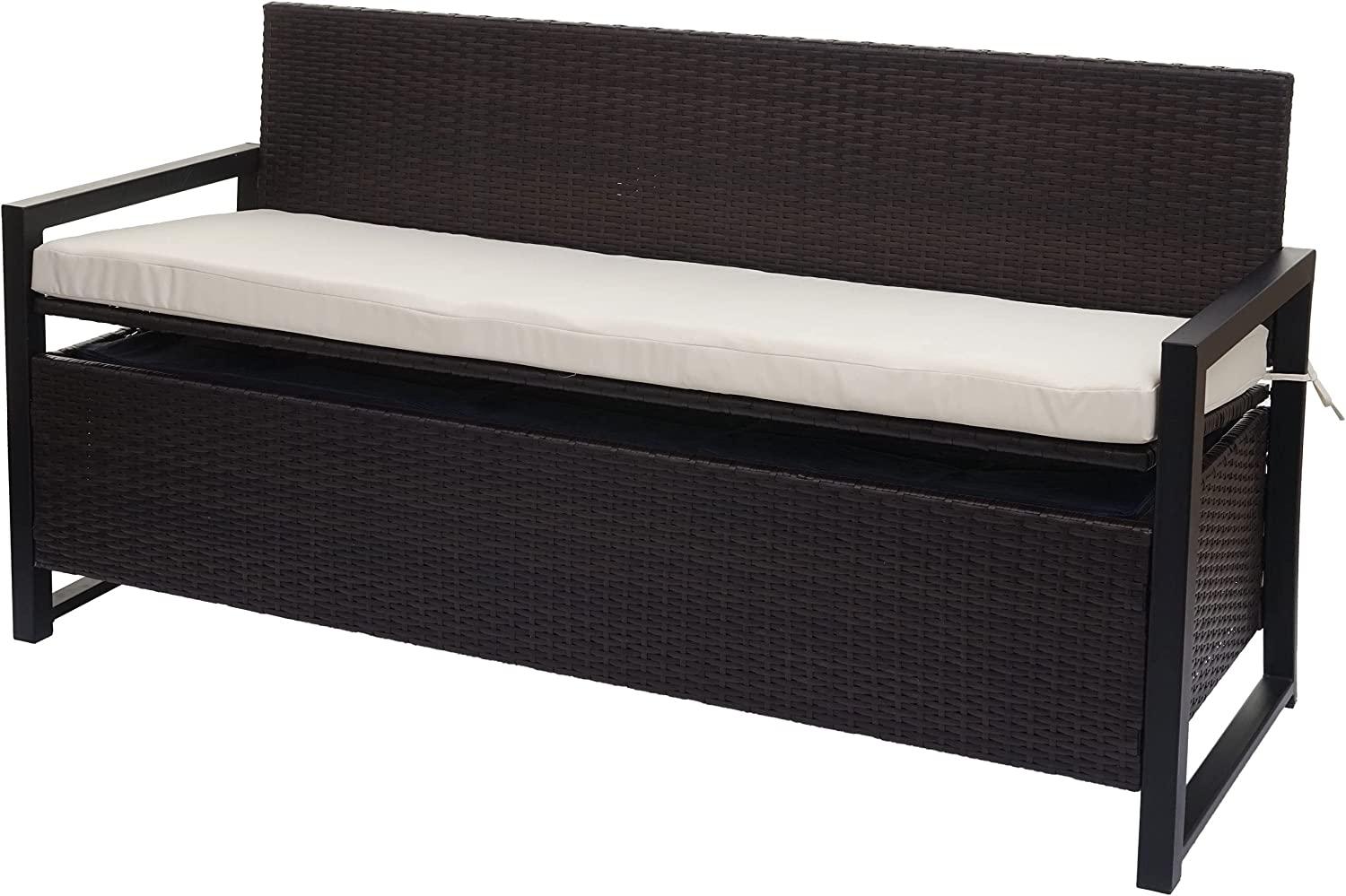 Poly-Rattan 3er Sitzbank HWC-F39, Gartenbank Truhenbank, Staufach Aufbewahrung Sitzkissen ~ braun, Kissen creme Bild 1