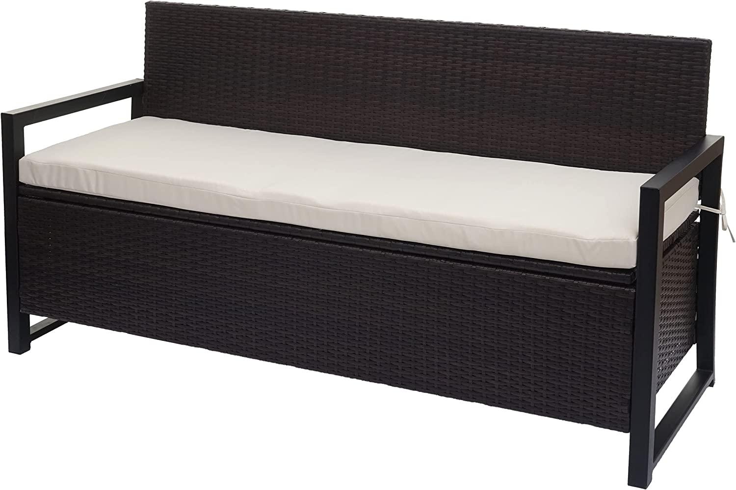 Poly-Rattan 3er Sitzbank HWC-F39, Gartenbank Truhenbank, Staufach Aufbewahrung Sitzkissen ~ braun, Kissen creme Bild 1