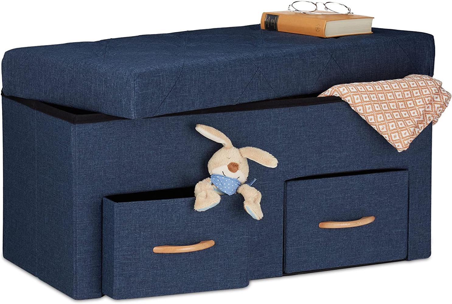 Relaxdays Sitzbank mit Stauraum, Flur, 2 Schubfächer, Betttruhe H x B x T: 40 x 80 x 40 cm, faltbar, MDF/Polyester, blau Bild 1