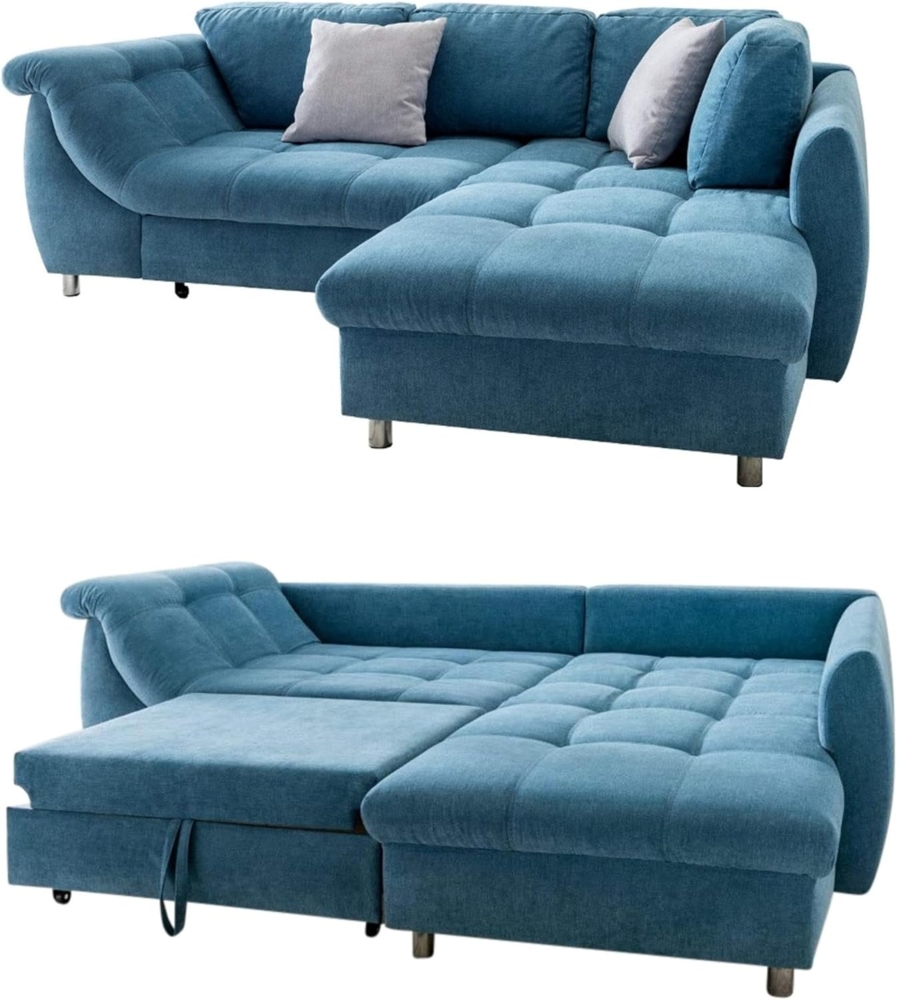 luma-home Ecksofa 17101, mit Bettkasten 250x190 cm, Ottomane rechts, Bettfunktion, Wellenunterfederung, Mikrofaser, Blau Bild 1