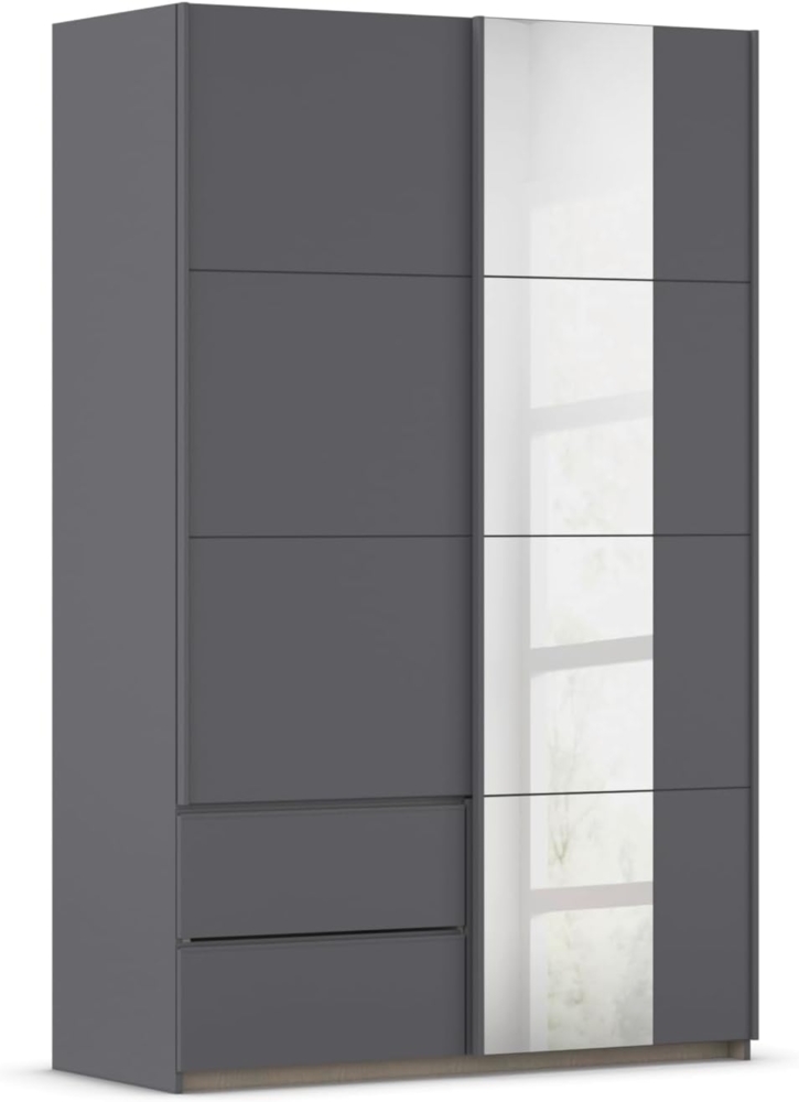 Rauch Möbel Stoke, Schwebetürenschrank, Kleiderschrank, Schrank, Garderobe, 2-türig, 1 Spiegel, 2 Schubladen, Farbe Grau metallic, Schwarz, Griffleisten Grau metallic, 131 x 210 x 59 cm Bild 1