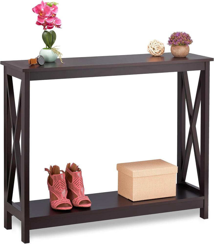 Relaxdays Konsolentisch, 2 Ebenen, HBT: 80 x 100 x 30 cm, schmaler Ablagetisch, Flur & Wohnzimmer, Eingangstisch, MDF, braun Bild 1