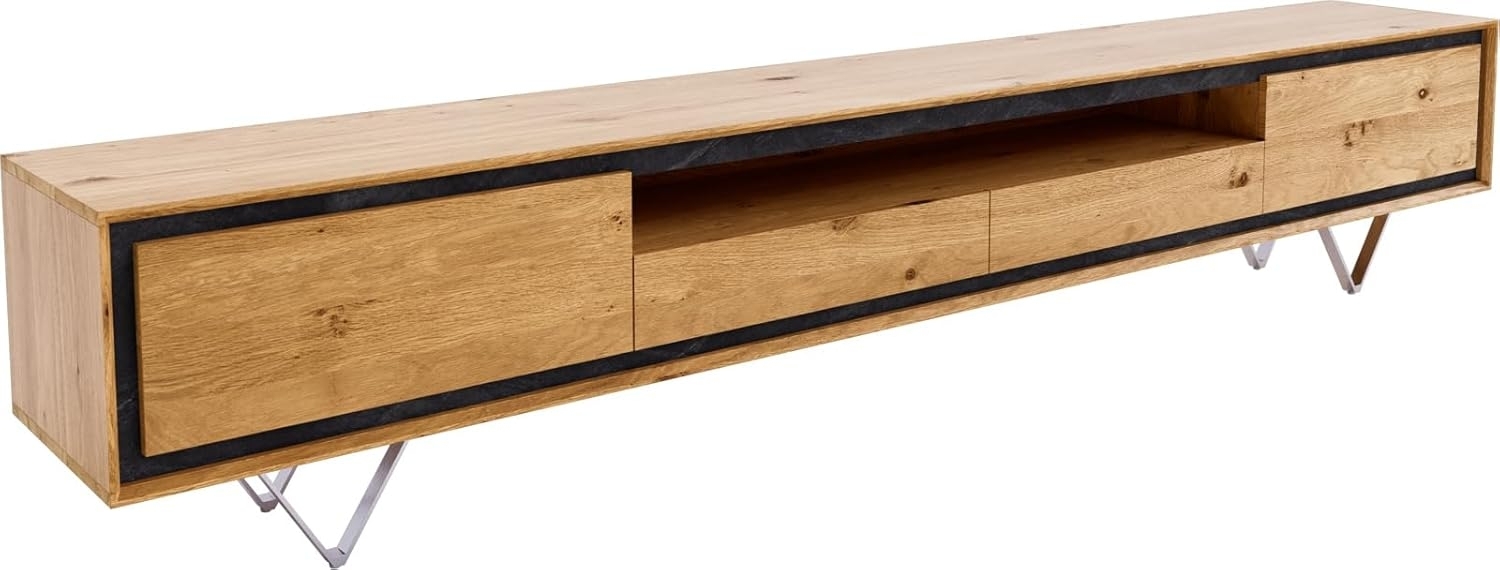 Lowboard Stonegrace 240 cm Eiche Natur 2 Türen 1 Fach 2 Schubladen Steinfurnier V-Fuß Edelstahl Bild 1