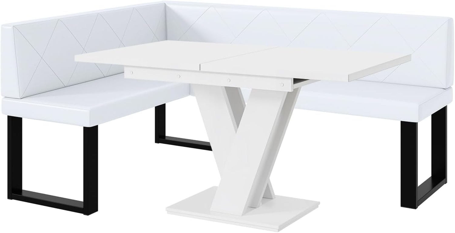 MEBLINI Eckbank für Esszimmer mit ausziehbarem Tisch - Küchenbank - Essecke - Sitzecke Küche - ERIC - U-Beine 128x168x87cm Links - Weiß Kunstleder/M Weiß Matt Bild 1
