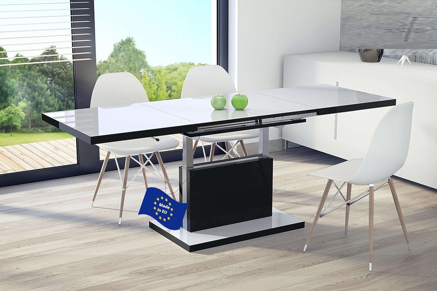 Mazzoni Couchtisch Aston Weiß-Schwarz Hochglanz höhenverstellbar ausziehbar 120 - 200 cm, Funktionstisch, Wohnzimmertisch, Tisch, Esstisch, Sofatisch Bild 1