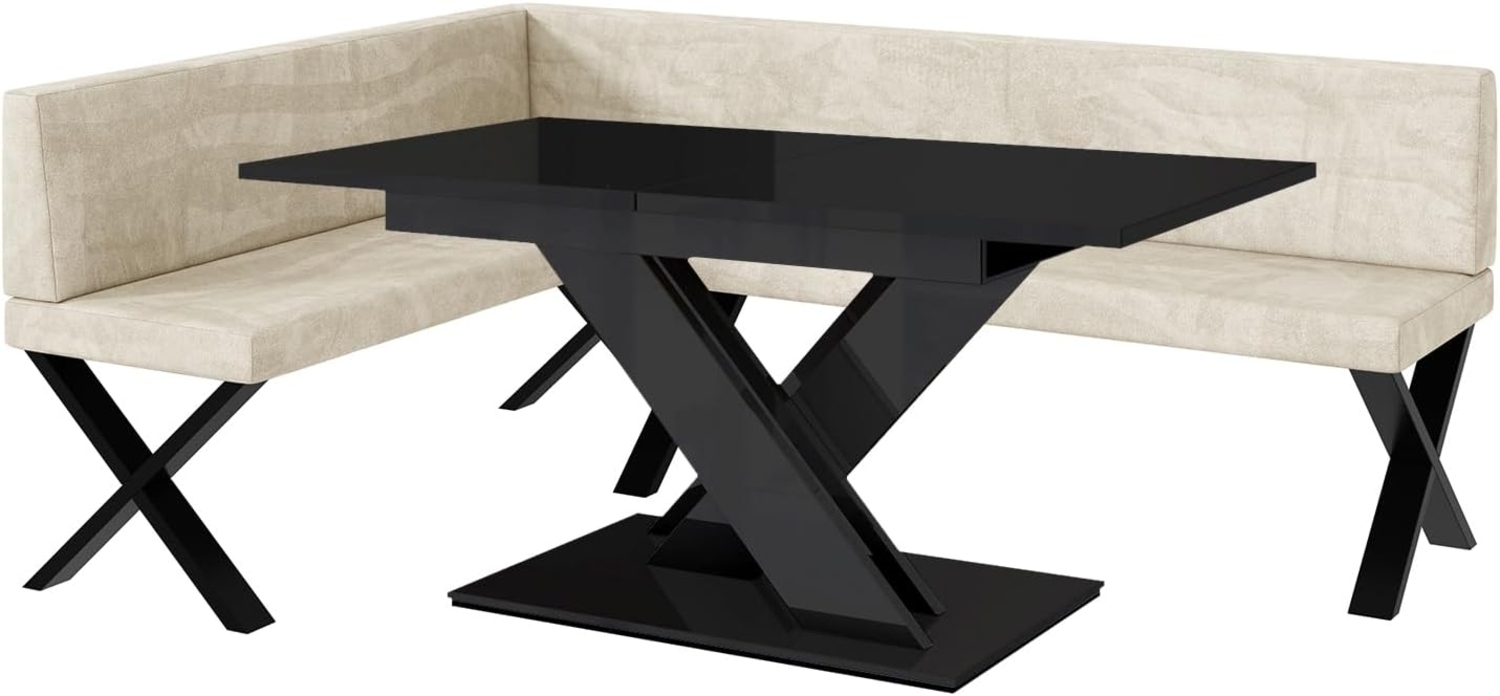 MEBLINI Eckbank für Esszimmer mit ausziehbarem Tisch - Küchenbank - Essecke - Sitzecke Küche - TONI - X-Beine 142x196x87cm Links - Creme Samt/B Schwarz Hochgl. Bild 1