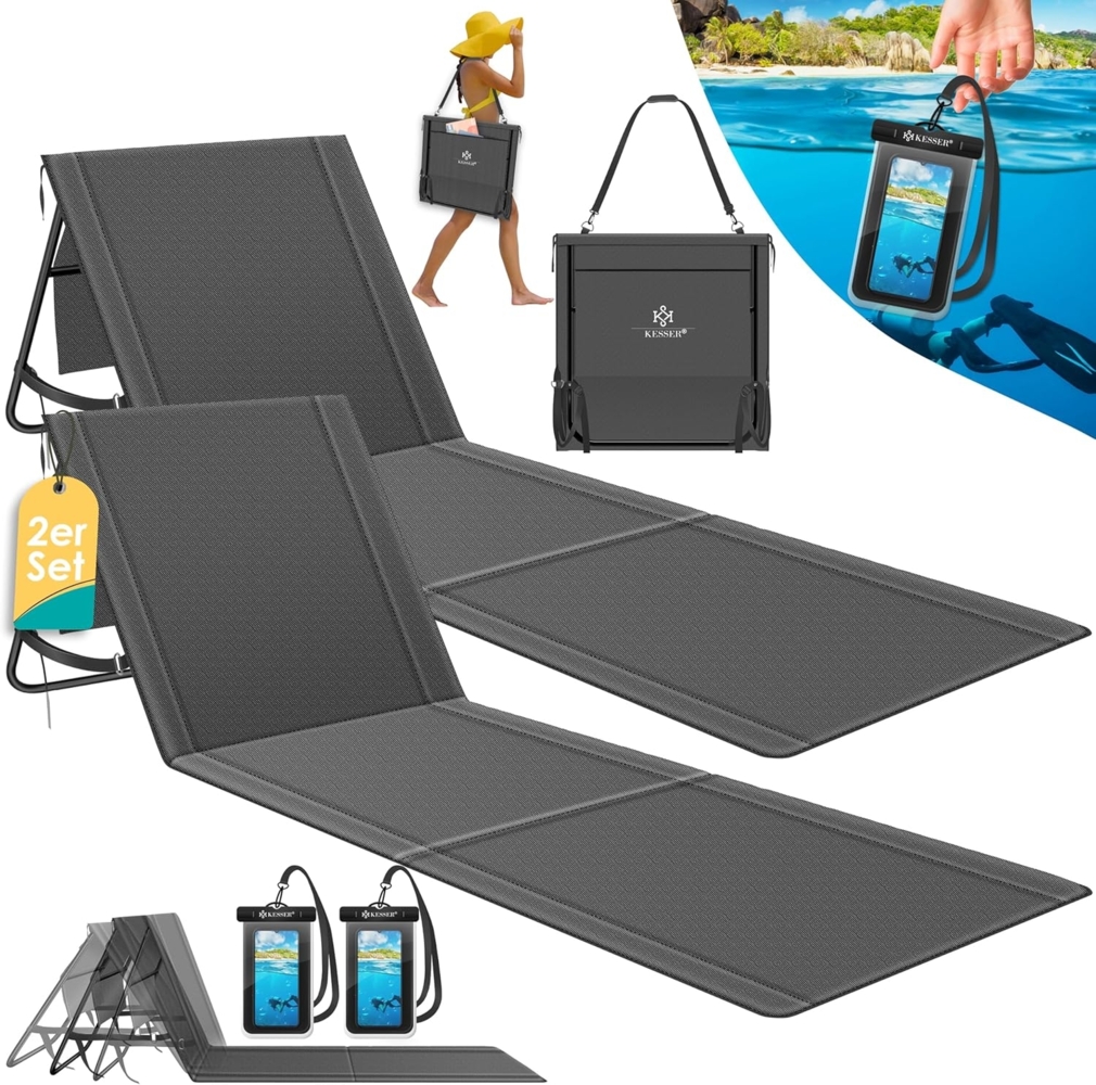 KESSER® Strandmatte klappbar mit verstellbarer Rückenlehne, Strandliege faltbar mit Tragegurt, wasserdichter Handyhülle & Aufbewahrungstasche, Sonnenliege für Strand Garten Terrasse, Liegematte 130Kg Anthrazit, 2er Set Bild 1