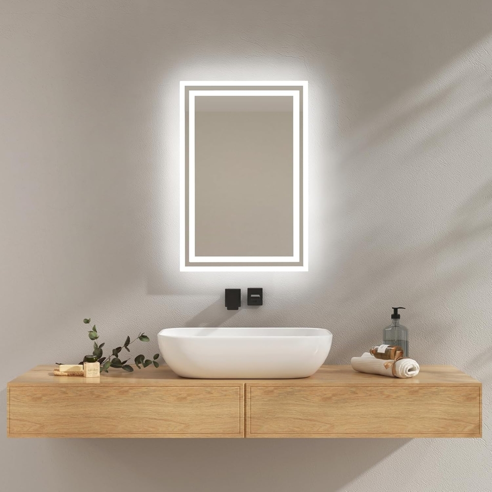 EMKE Badezimmerspiegel mit LED-Licht, 40x60 cm, Anti-Beschlag, Badezimmerspiegel, 2 Farbtemperaturen (warmweiß/kaltweiß), Hebelschalter, horizontal/vertikal, LED-Spiegel, IP44. Bild 1