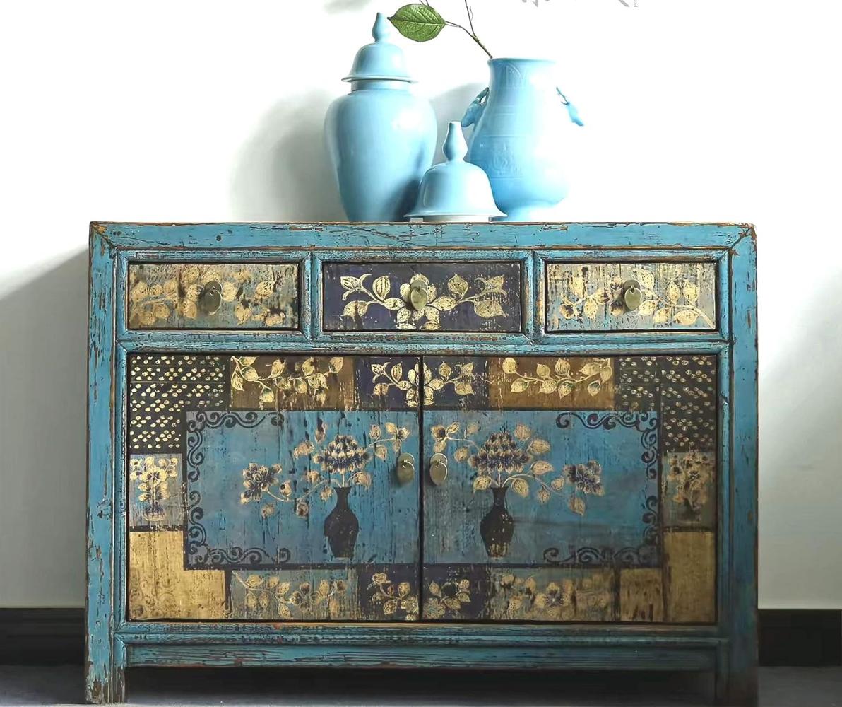 Vintage Kommode Blau Beige verziert chinesisch Schrank Sideboard Kolonial-Stil Antik-Stil Lowboard asiatisch orientalisch Fernost shabby-chic Landhaus Bild 1