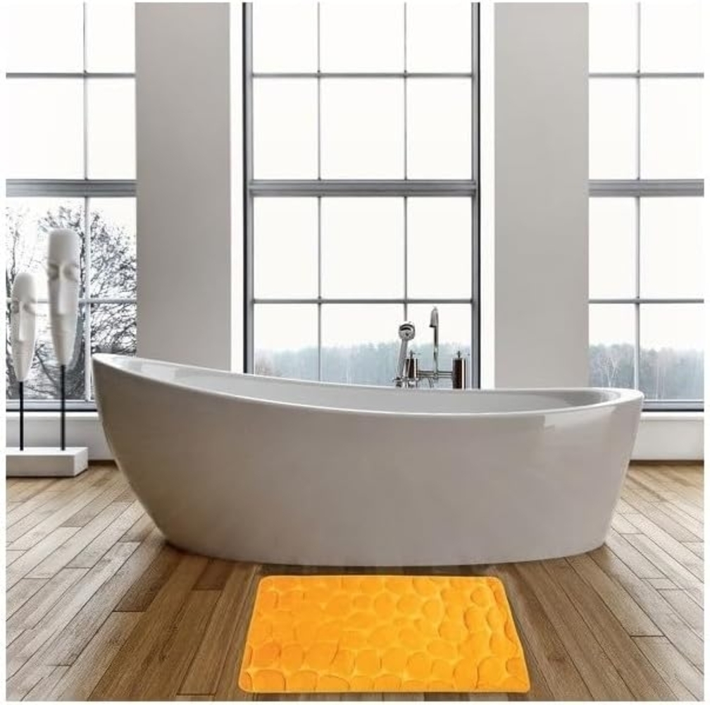 MSV Badematte KIESELSTEIN, rutschhemmende Beschichtung, für Fußbodenheizung geeignet, strapazierfähig, waschbar, schnelltrocknend, Microfaser, PVC, aus super-weicher Microfaser, in 2 Größen und vielen trendigen Farben erhältlich, 40 x 60 cm, safran gelb Bild 1