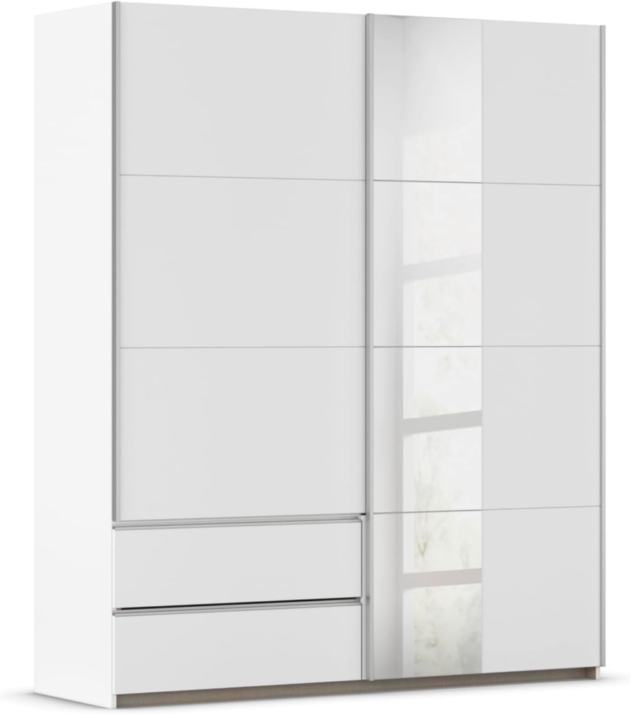 Rauch Möbel Stoke, Schwebetürenschrank, Kleiderschrank, Garderobe, 2-türig, 1 Spiegeltüre, 2 Schubladen, mit Zubehörpaket Classic, 4 Einlegeböden, Farbe Weiß, Griffleisten Alufarben, 175 x 210 x 59 cm Bild 1