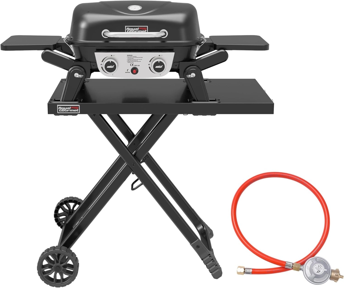 Royal Gourmet Tragbarer 2-Brenner Gasgrill inkl. Grilltisch, 5kW Tischgrill mit separatem Rollwagen, Portabler Tischgasgrill mit Klapptisch für Balkon,Terrasse, Camping Schwarz Bild 1