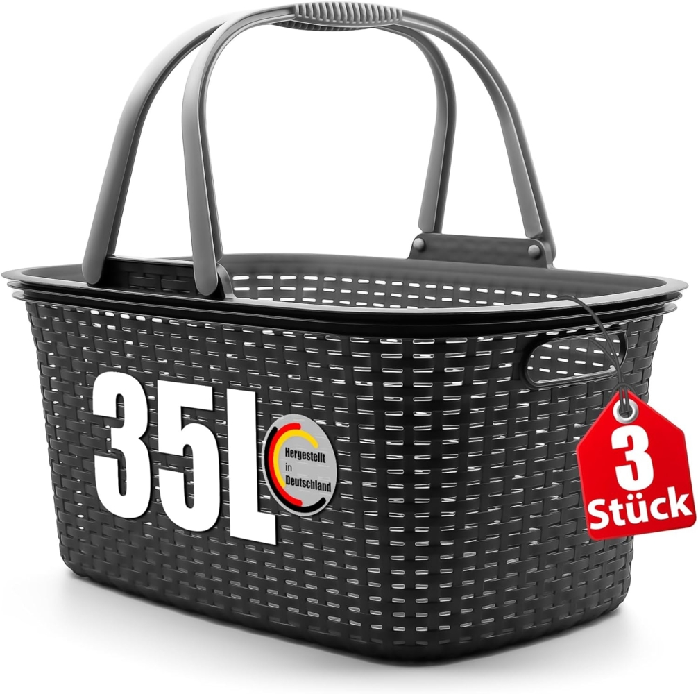 BigDean 3 Stück Wäschekorb mit Henkel 35L Rattan Design – Wäschewanne Made in Germany Bild 1