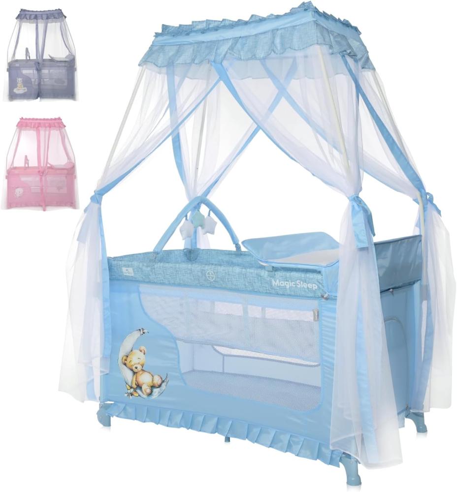 Lorelli Reisebett Magic Sleep 2 Ebenen Baldachin Mobile Wickelauflage faltbar hellblau Bild 1