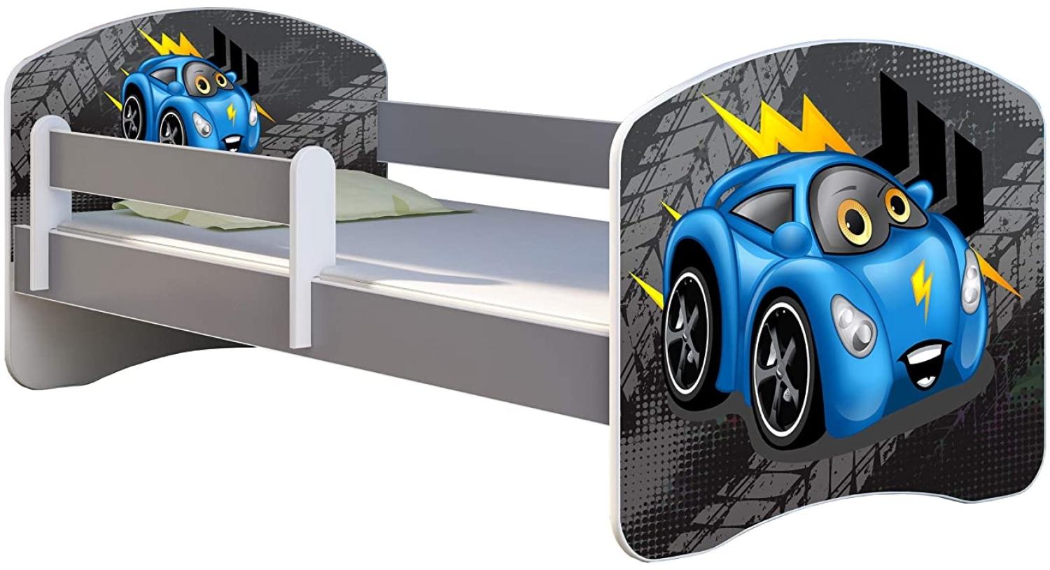 ACMA Kinderbett Jugendbett mit Einer Schublade und Matratze Grau mit Rausfallschutz Lattenrost II (04 Blaue Auto, 140x70) Bild 1