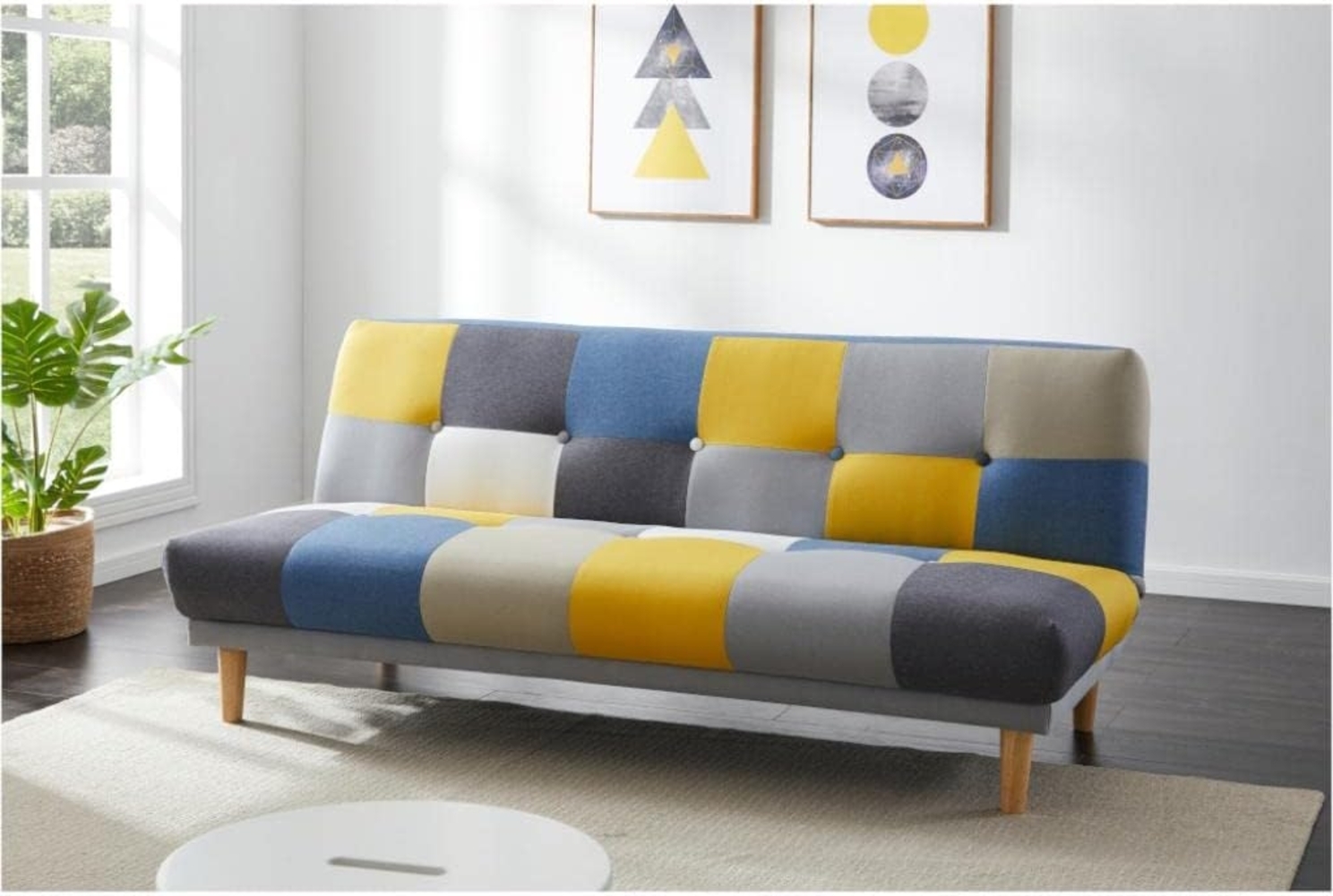 Vente-unique - Schlafsofa Klappsofa 3-Sitzer - Stoff - Patchwork Grau, Blau & Gelb - MARDAG Bild 1