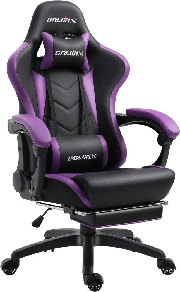 Dowinx Gaming Stuhl Ergonomischer Racing Stil Lehnstuhl mit Massage Lordosenstütze, Büro Sessel für Computer-PU-Leder-E-Sport-Gamer Stühle mit Ausziehbarem Fußraste (schwarz&lila) Bild 1