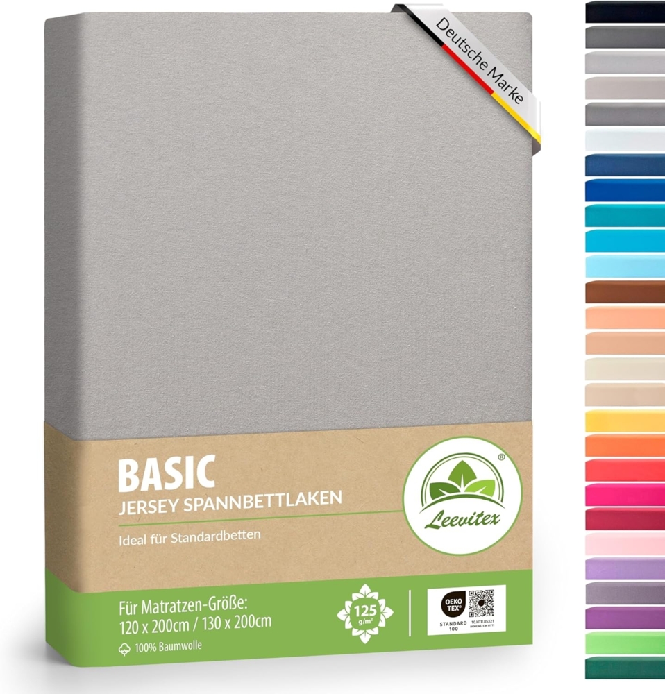 leevitex® Spannbettlaken 120x200 cm - 130x200 cm | Spannbetttuch Bettlaken | 100% Jersey Baumwolle | Matratzenhöhe bis 25 cm | Ökotex | Silber/Hellgrau Bild 1