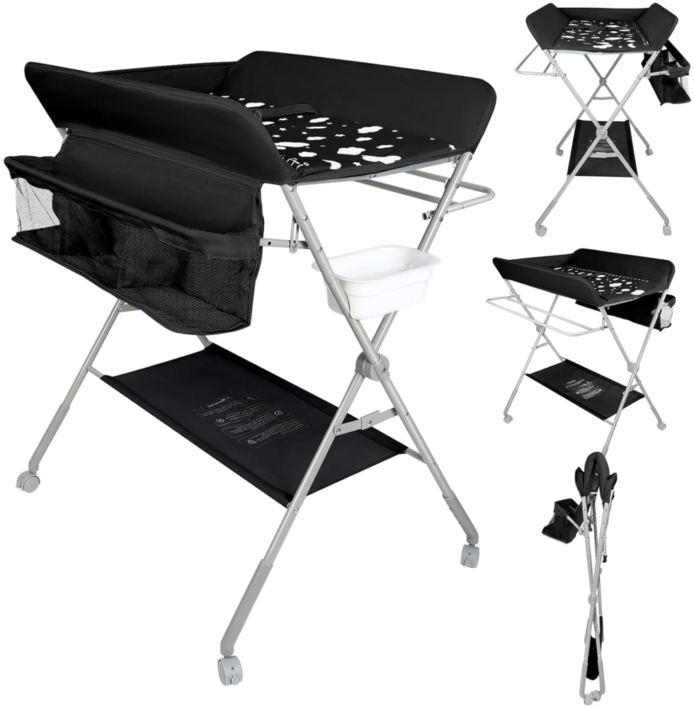 OHMG Baby Wickelkombi Klappbare Wickelkommode,Wickeltisch mit Rollen,Mobiler Wickeltisch mit Wickelauflage,Sicherheitsgurt und Ablagefächern,Wasserdicht und Höhenverstellbar,Stabil Bild 1