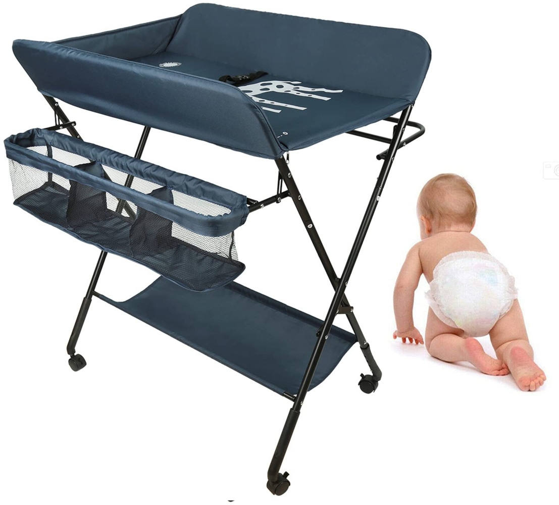 OHMG Baby Wickelkombi Klappbare Wickelkommode,Wickeltisch mit Rollen,Mobiler Wickeltisch mit Wickelauflage,Sicherheitsgurt und Ablagefächern,Wasserdicht und Höhenverstellbar,Stabil Bild 1