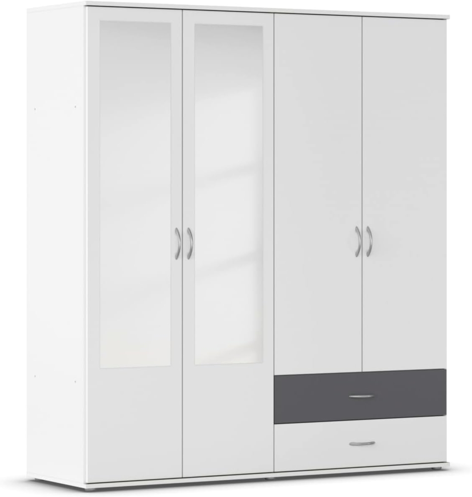 Rauch Möbel Noosa Schrank Drehtürenschrank, Weiß / Grau Metallic, 4-türig mit Spiegel und 2 Schubladen, inkl. Zubehörpaket Basic 1 Kleiderstange, 3 Einlegeböden BxHxT 168 x 188 x 52 cm Bild 1