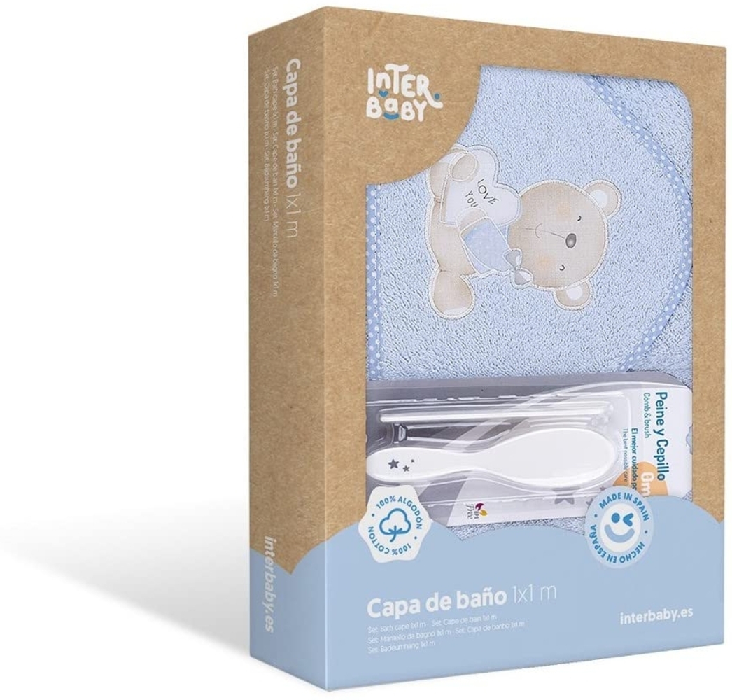 Interbaby P1177-01 Baby Kapuzenbadetuch LOVE YOU blau mit Kamm und Bürste, Blau Bild 1