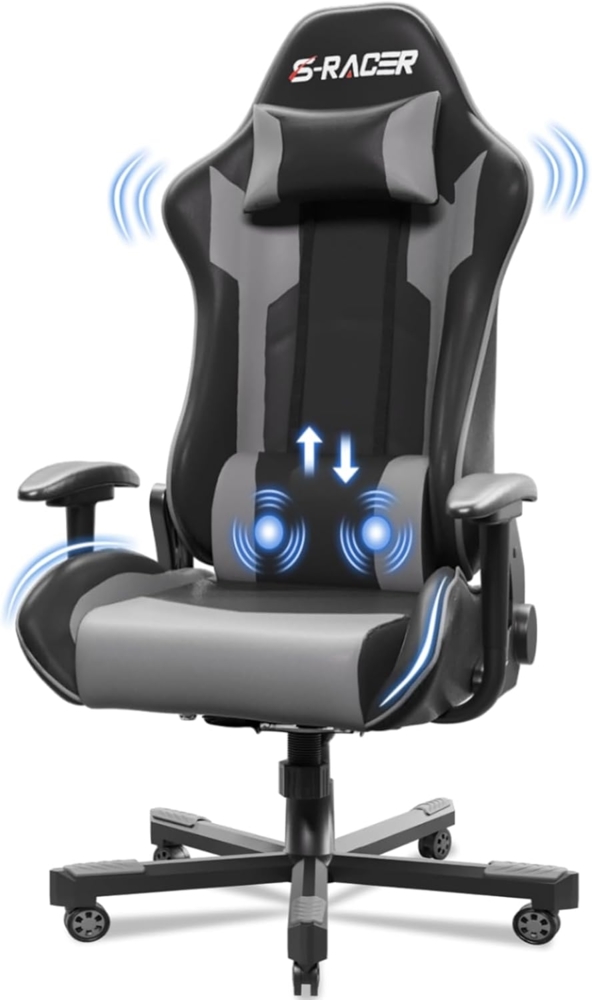 JUMMICO Massage Gaming Stuhl, Bürostuhl Ergonomisch mit Lendenwirbelstütze, Computerstühle Racing Bürostühle Gaming Sessel,Schreibtischstuhl 150kg Belastbarkeit, Grau Bild 1