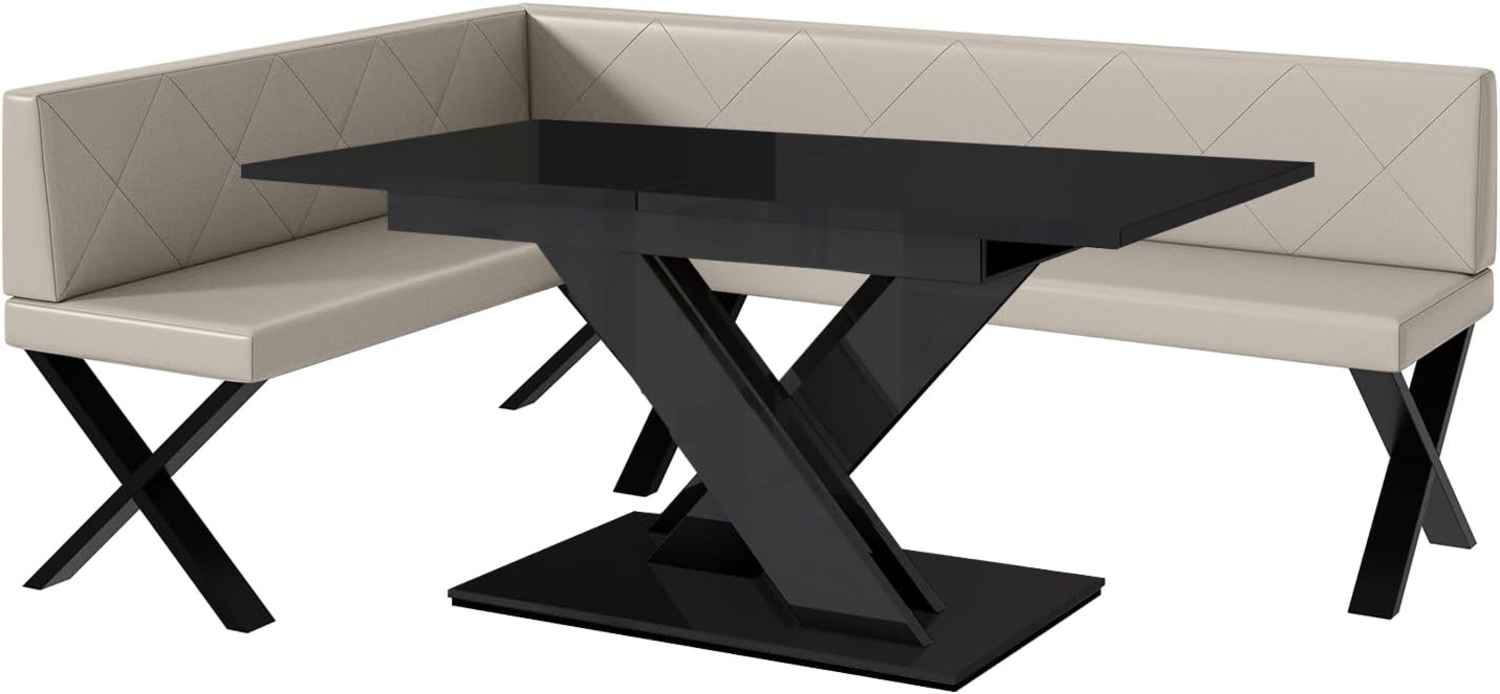 MEBLINI Eckbank für Esszimmer mit ausziehbarem Tisch - Küchenbank - Essecke - Sitzecke Küche - ERIC - X-Beine 142 x 196 x 87 cm Links - Beige Kunstleder/B Schwarz Hochgl. Bild 1