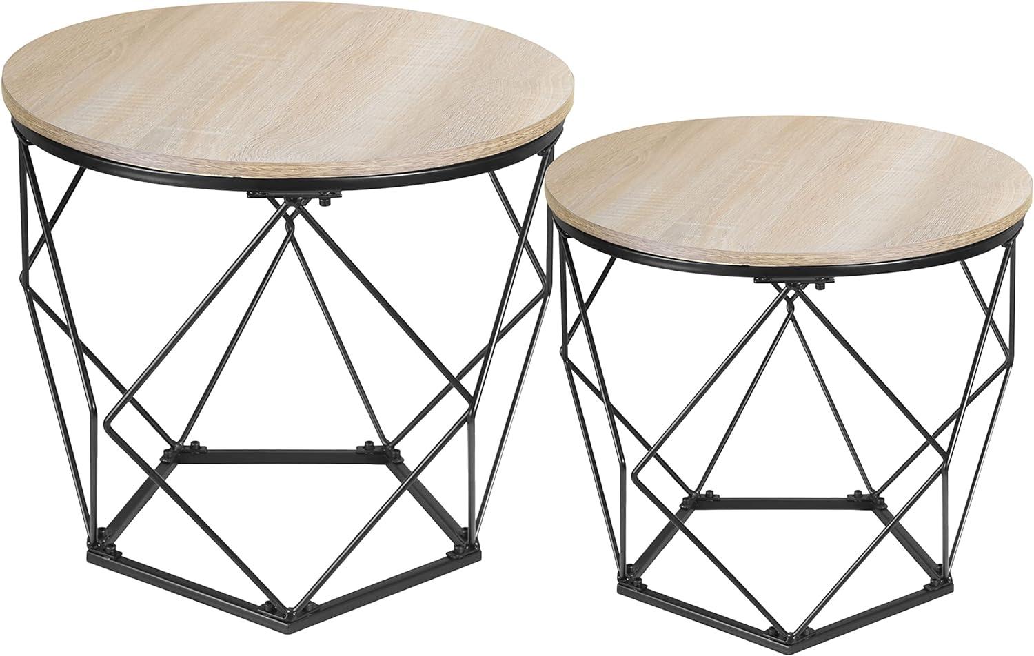 Ribelli 2er Set Beistelltisch– Holzplatte auf stabilem Metallgestell – Couchtisch mit Korbfunktion, Wohnzimmertisch Korbtisch Metalltische ideal für Wohnzimmer, Schlafzimmer, Büro, Hellbraun/Schwarz Bild 1