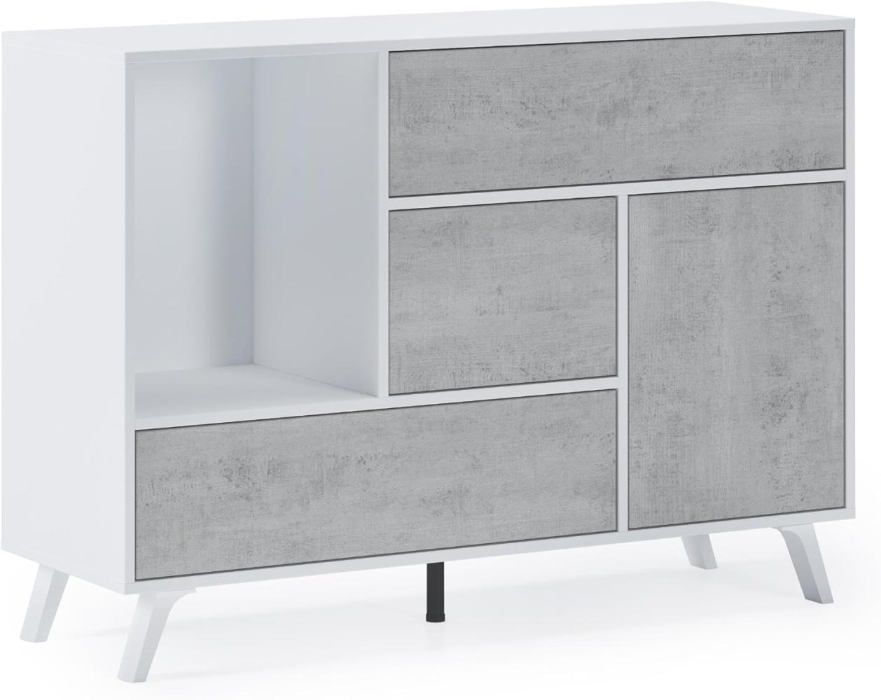 Skraut Home – Sideboard für Wohn- oder Esszimmer – 86 x 120 x 40 cm – Buffet mit 1 Tür + 3 Schubladen – Windmodell – Widerstandsfähiges Holz – Weiß/Zement-Finish Bild 1