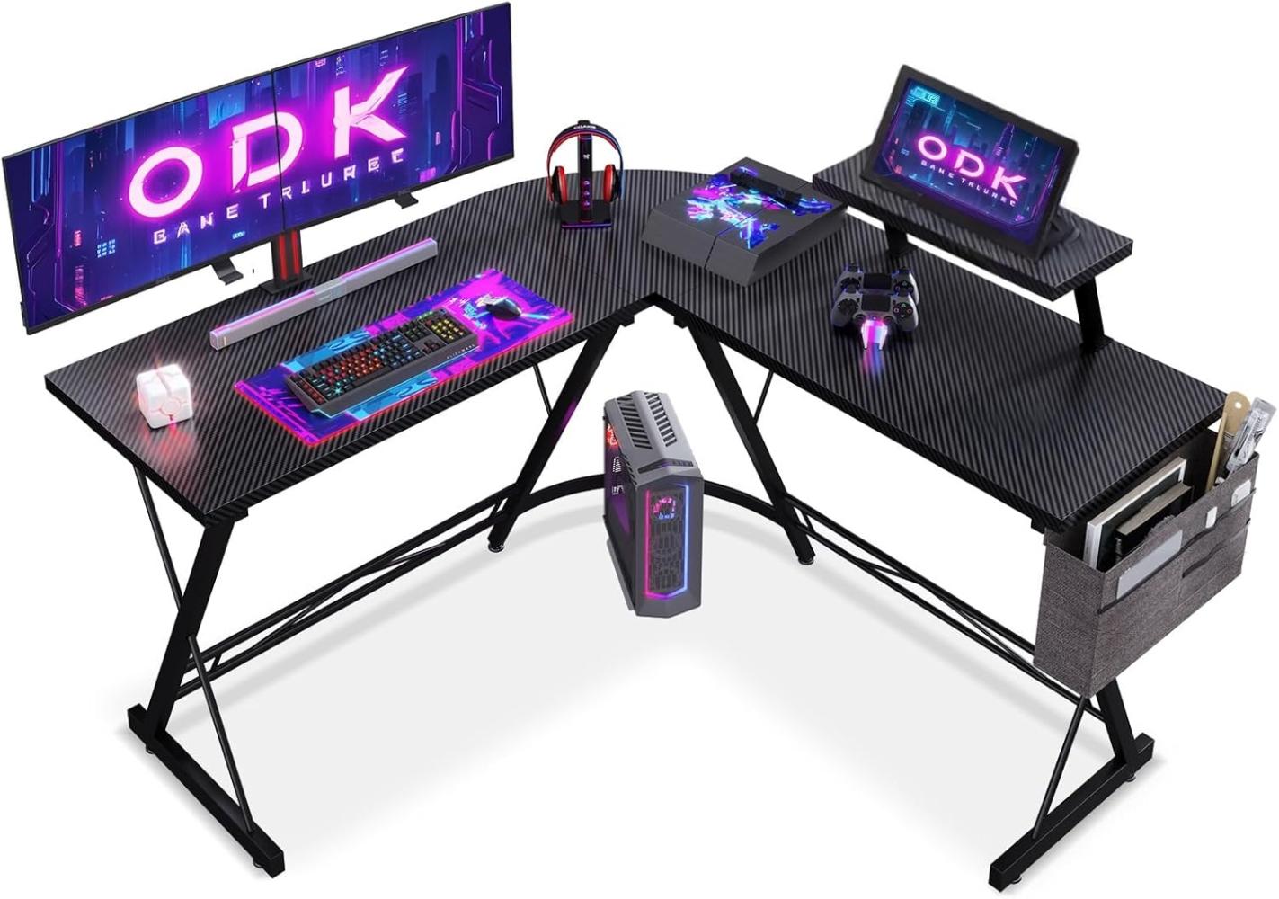 ODK Gaming Tisch, Computertisch, Gaming Schreibtisch mit runder Ecke, Gaming-Tisch mit Monitorablage (Kohlefaser Schwarz, 127 x 127 cm) Bild 1